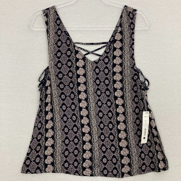 New Aqua Navy Tan Boho Print V Neck Lace Up Sleeveless Casual Top Medium - Picture 1 of 9
